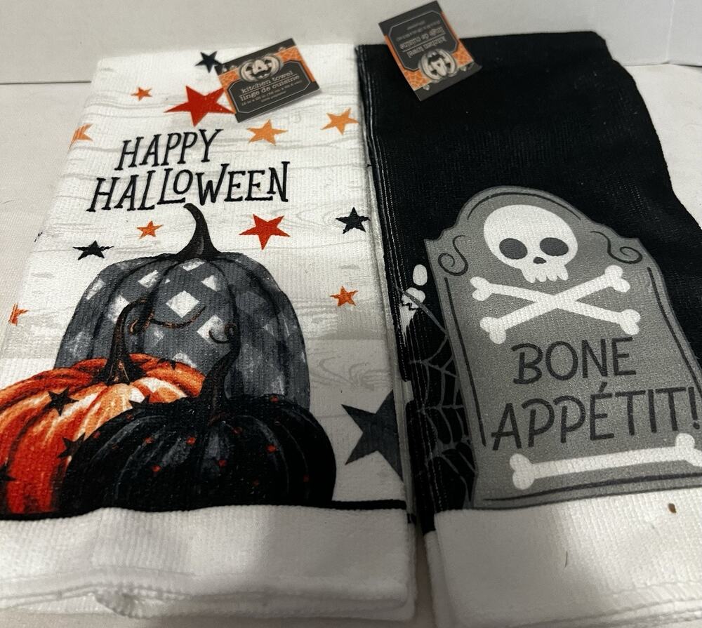 NWT~Two Halloween Kitchen Towels -15 x 25”~ Skull & Bones & Happy Halloween